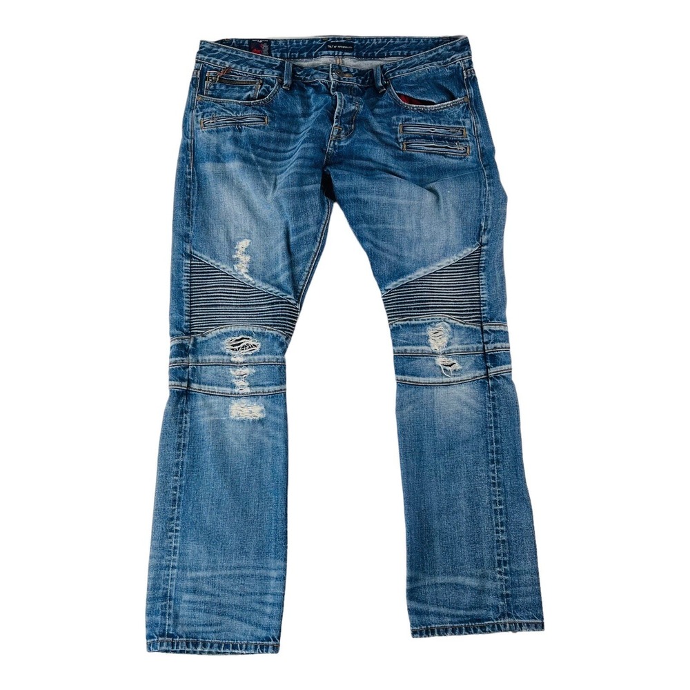 Cult of Individuality Rebel Cycle Blue Distressed Zippered Pants Size‎ 42X34